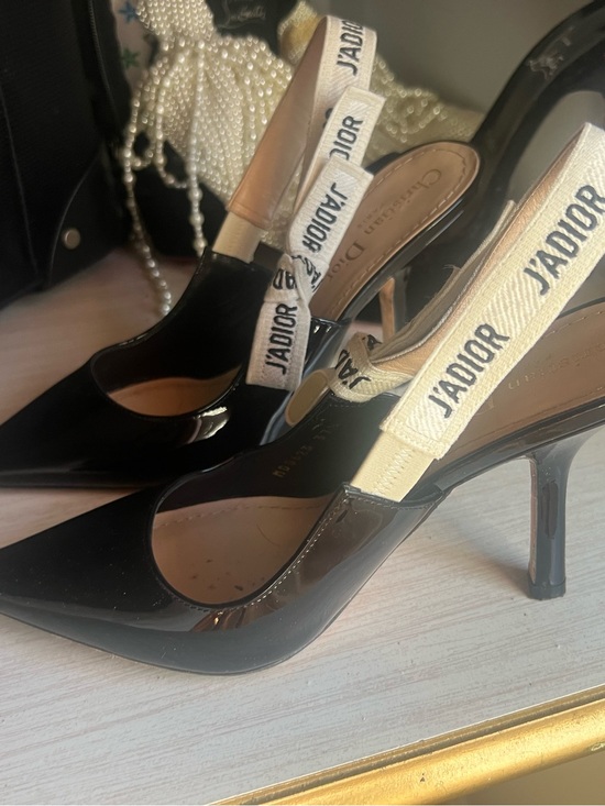Dior Shoes - Dior Black Patent Leather Slingback Pumps with White J'Adior Straps